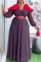Red Elegant Polka Dot With Belt V Neck Long Plus Size Dresses
