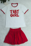 Red Casual Letters Hot Drill Contrast O Neck Short Sleeve Two Pieces