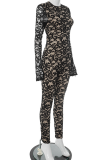 Black Sexy Solid Color Lace Backless O Neck Skinny Jumpsuits