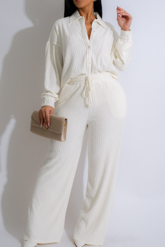 White Casual Solid Color Draw String Buckle Turndown Collar Long Sleeve Two Pieces