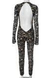 Black Sexy Solid Color Lace Backless O Neck Skinny Jumpsuits