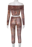 Brown Sexy Print Off Shoulder Long Sleeve Two Pieces