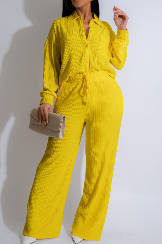 Yellow Casual Solid Color Draw String Buckle Turndown Collar Long Sleeve Two Pieces