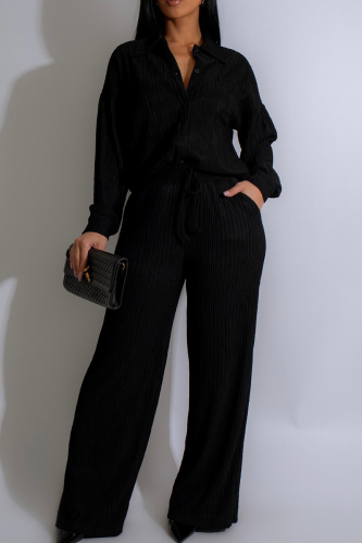 Black Casual Solid Color Draw String Buckle Turndown Collar Long Sleeve Two Pieces