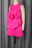 Rose Red Sexy Solid Color Flower Shape O Neck A Line Dresses