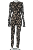 Black Sexy Solid Color Lace Backless O Neck Skinny Jumpsuits