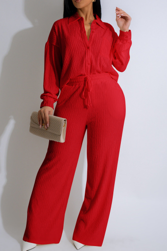Red Casual Solid Color Draw String Buckle Turndown Collar Long Sleeve Two Pieces