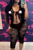 Black Sexy Solid Color Lace Strap Design V Neck Short Sleeve Two Pieces
