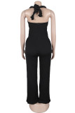 Green Sexy Casual Solid Color Hollow Out Patchwork Backless Halter Regular Jumpsuits