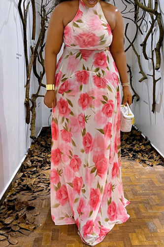 Pink Elegant Print O Neck Long Dresses