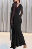 Black Sexy Elegant Solid Color Hot Drill O Neck Long Dresses