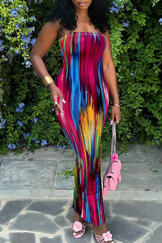Rose Red Sexy Print Strapless Long Dresses
