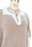 Green Casual Stripe Turndown Collar Short Sleeve Two Pieces