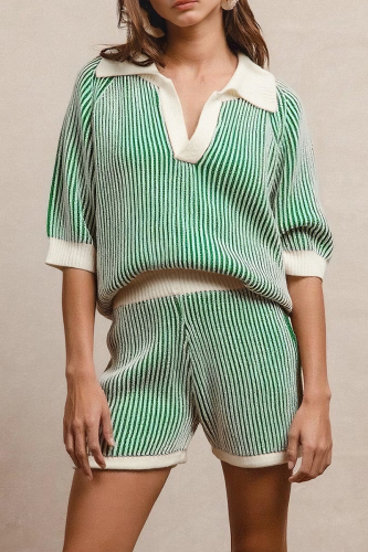 Green Casual Stripe Turndown Collar Short Sleeve Two Pieces