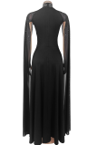 Black Sexy Elegant Solid Color Hollow Out Hot Drill O Neck Long Dresses