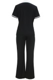 Black Casual Solid Color Buckle Contrast Turndown Collar Short Sleeve Two Pieces