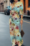 Baby Blue Casual Print Buckle Strap Design Turndown Collar Loose Jumpsuits