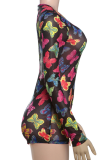 Black Sexy Print See-Through O Neck Skinny Bodysuits
