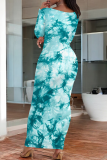 Rose Red Casual Print O Neck Long Dresses