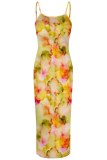 Turquoise Sexy Print Backless Spaghetti Strap Long Dresses