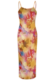 Turquoise Sexy Print Backless Spaghetti Strap Long Dresses