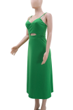 Green Sexy Solid Color Hollow Out Spaghetti Strap Long Dresses