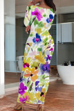 Green Casual Print O Neck Long Dresses