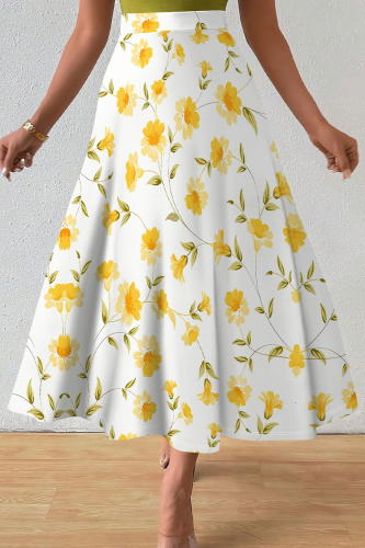 Yellow Casual Print Loose Mid Waist Speaker Full Print Bottoms