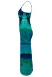 Dark Blue Sexy Print Spaghetti Strap Long Dresses