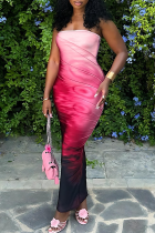 Pink Sexy Print Strapless Long Dresses
