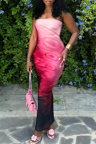 Pink Sexy Print Strapless Long Dresses