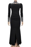 Black Elegant Solid Color Slit Hot Drill O Neck Long Dresses