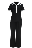 Black Casual Solid Color Buckle Contrast Turndown Collar Short Sleeve Two Pieces