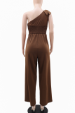 Dark Brown Casual Solid Color Bow Decor Oblique Collar Regular Jumpsuits