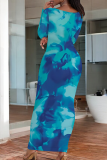 Rose Red Casual Print O Neck Long Dresses