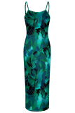 Turquoise Sexy Print Backless Spaghetti Strap Long Dresses