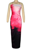 Pink Sexy Print Strapless Long Dresses