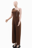 Dark Brown Casual Solid Color Bow Decor Oblique Collar Regular Jumpsuits