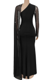 Black Sexy Elegant Solid Color Hot Drill O Neck Long Dresses