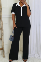 Black Casual Solid Color Buckle Contrast Turndown Collar Short Sleeve Two Pieces