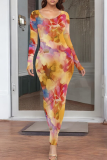 Rose Red Casual Print O Neck Long Dresses