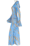 Blue Elegant Print U Neck Long Dresses