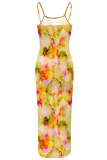 Turquoise Sexy Print Backless Spaghetti Strap Long Dresses