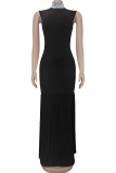 Black Elegant Solid Color Beading Zipper O Neck Long Dresses