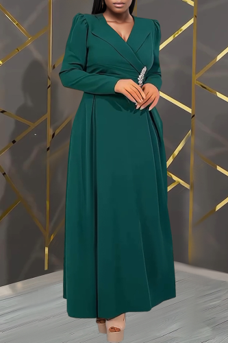 Ink Green Elegant Solid Color V Neck Long Dresses