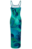 Dark Blue Sexy Print Spaghetti Strap Long Dresses