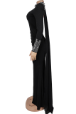 Black Elegant Solid Color Slit Hot Drill O Neck Long Dresses