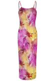 Rose Red Sexy Print Spaghetti Strap Long Dresses