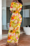 Rose Red Casual Print O Neck Long Dresses