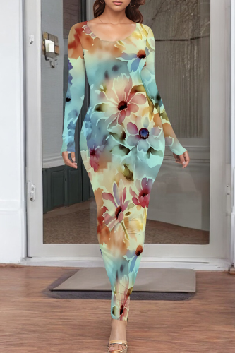 Baby Blue Casual Print O Neck Long Dresses